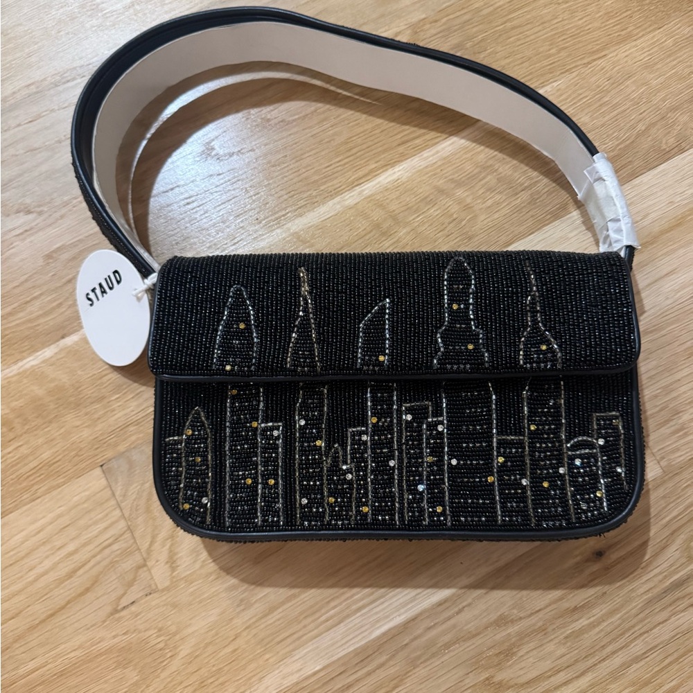 STAUD Black and Gold Beaded Skyline Shoulder Bag